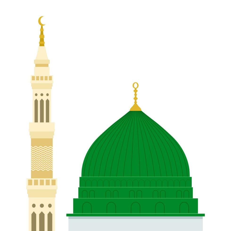 Mosque or masjid Al Nabawi minaret and green dome in Madinah, flat illustration, isolated on white background, vector, Saudi Arabia vector