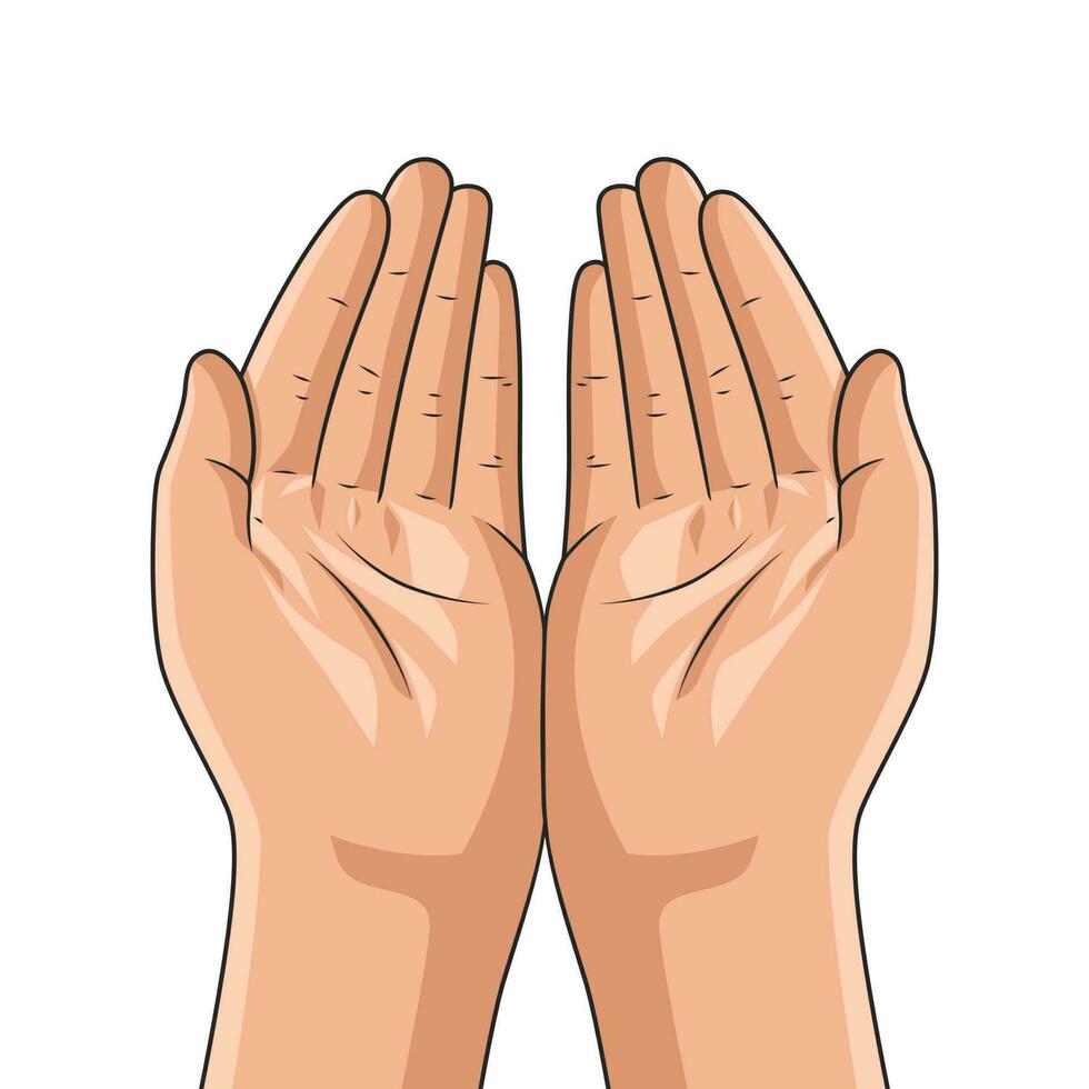 Two hands side by side. Hands in position, palms up, hold something, two hands are praying, pray to God, isolated on white background, vector illustration