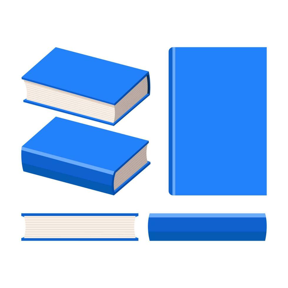 un azul libro en varios puntos de vista, lado, arriba, frente, espalda y fondo vista, aislado en blanco espalda suelo, vector ilustración, diferente anglos