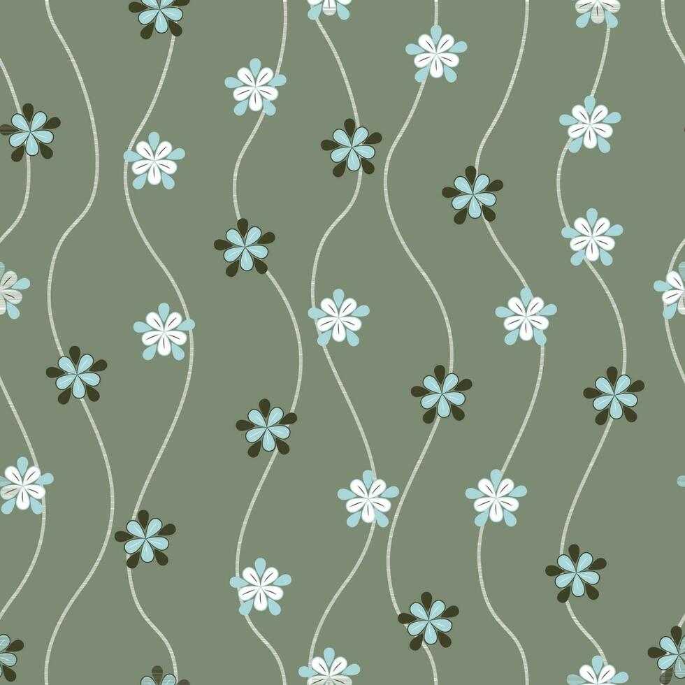 Vector hand drawn wavy stripes seamless pattern with cute small flowers