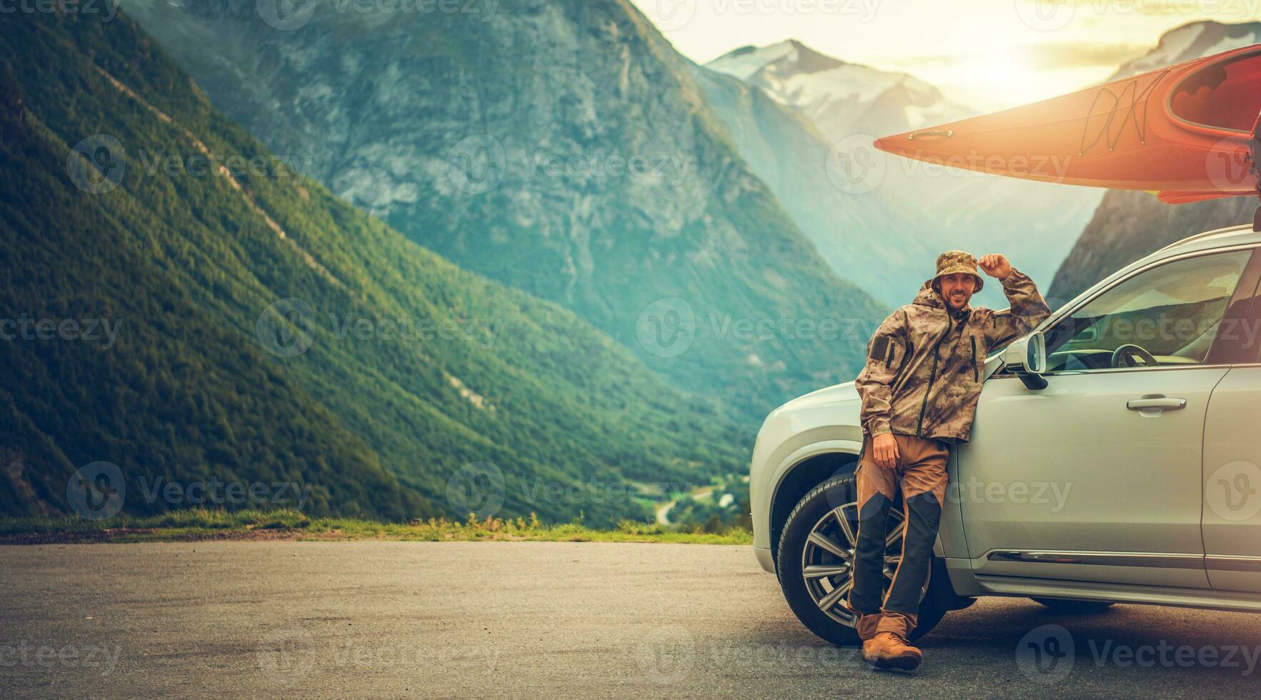 Smiling Happy Men on the Vacation Road Trip photo