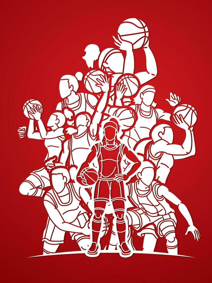 Basketball Female Players Mix Action vector