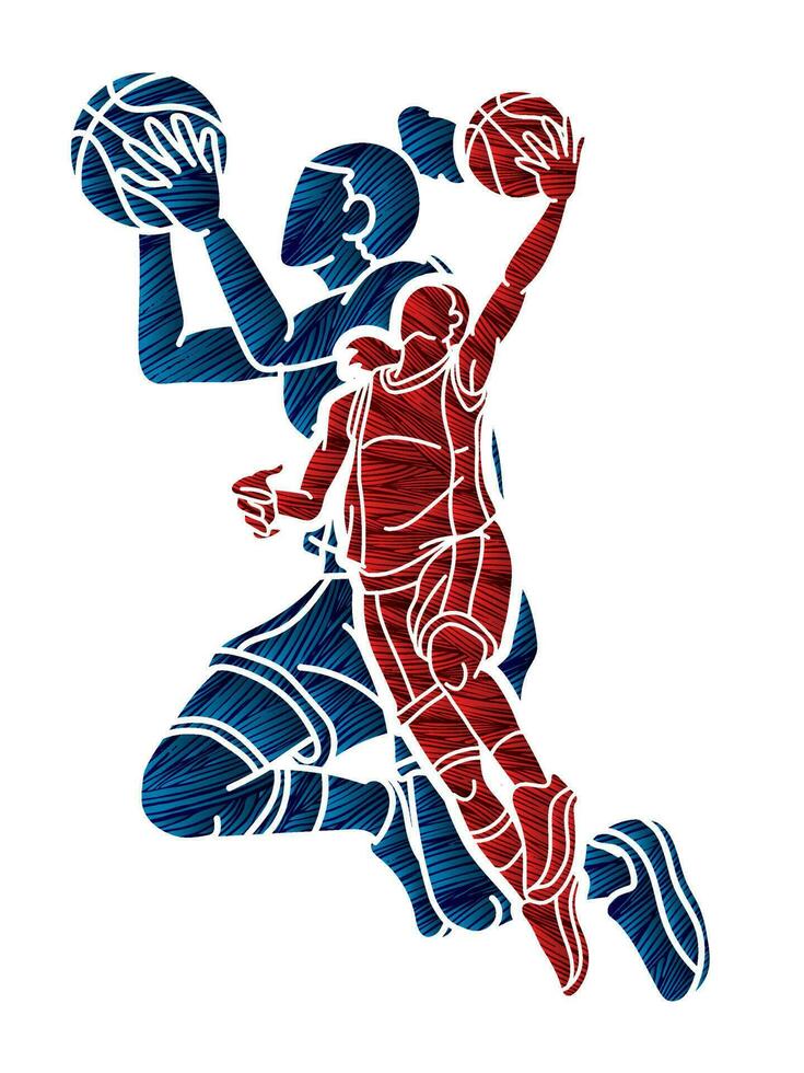 Basketball Female Players Mix Action Cartoon Sport Team Graphic Vector