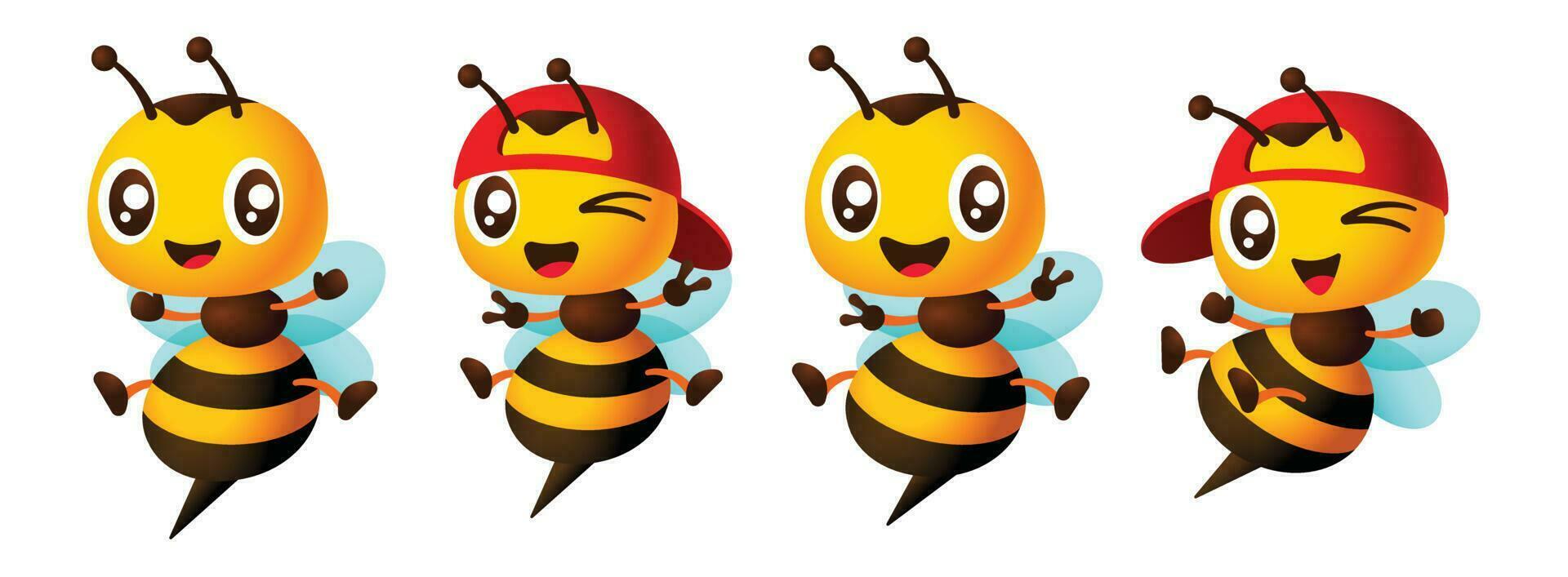 Cartoon cute bee mascot set with different poses vector illustration