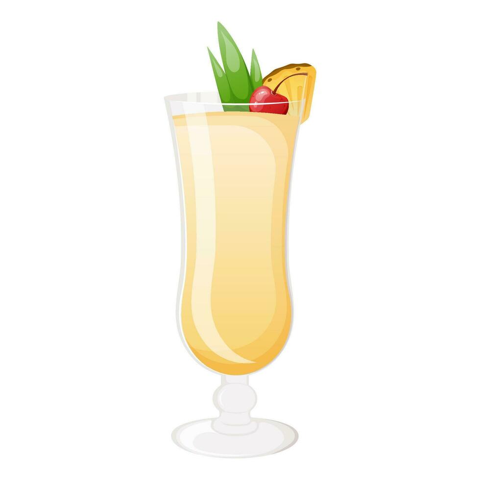 Pina colada alcoholic cocktail in a glass decorated with pineapple and cherry vector