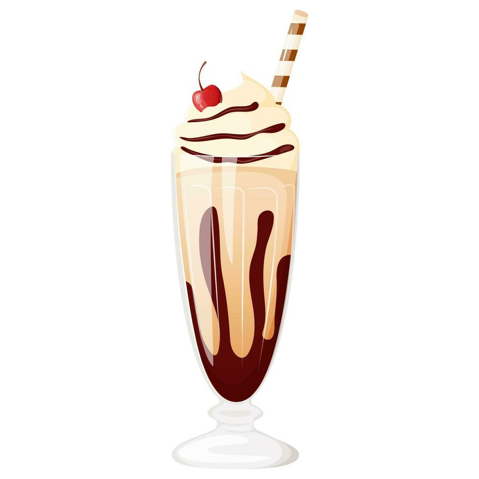 Chocolate milkshake in a glass cup with whipped cream decorated with cherry vector