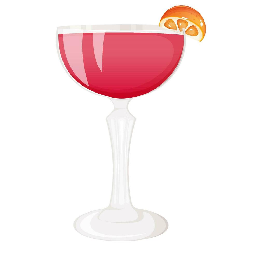Cosmopolitan cocktail in a wineglass decorated with orange vector