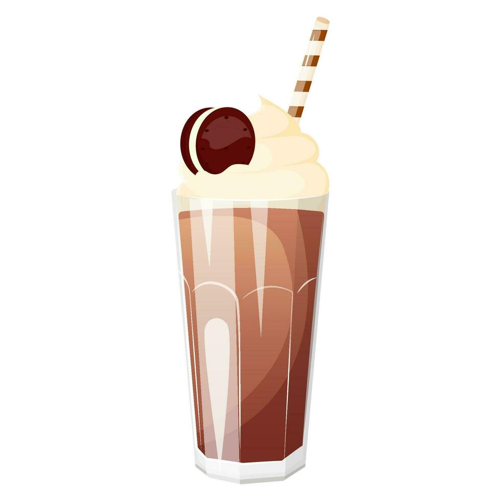 Chocolate milkshake in a glass cup with whipped cream decorated with chocolate cookie vector