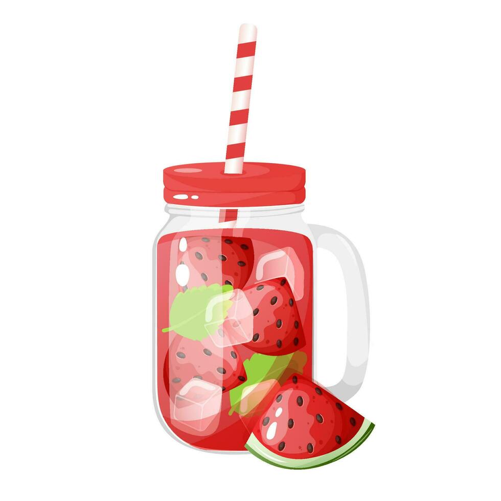 Watermelon summer cold drink in a glass jar with lid and straw. Isolated on white background vector