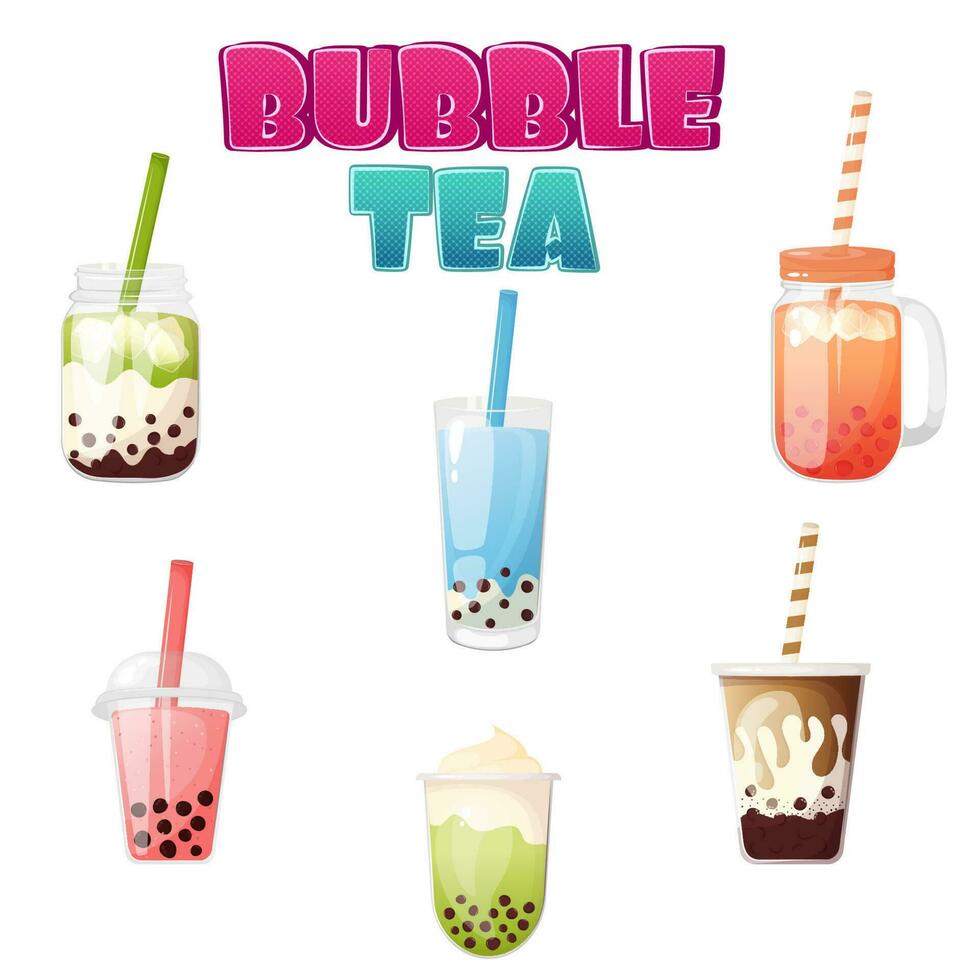Bubble tea in different container set. Popular asian boba soft drink. vector