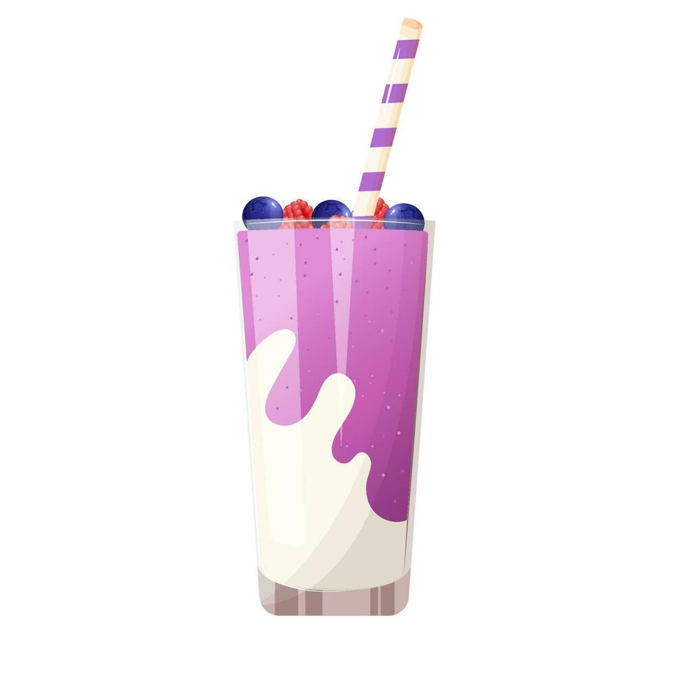 Berry milkshake decorated with blueberry and raspberry. Cartoon style illustration isolated on white background. vector