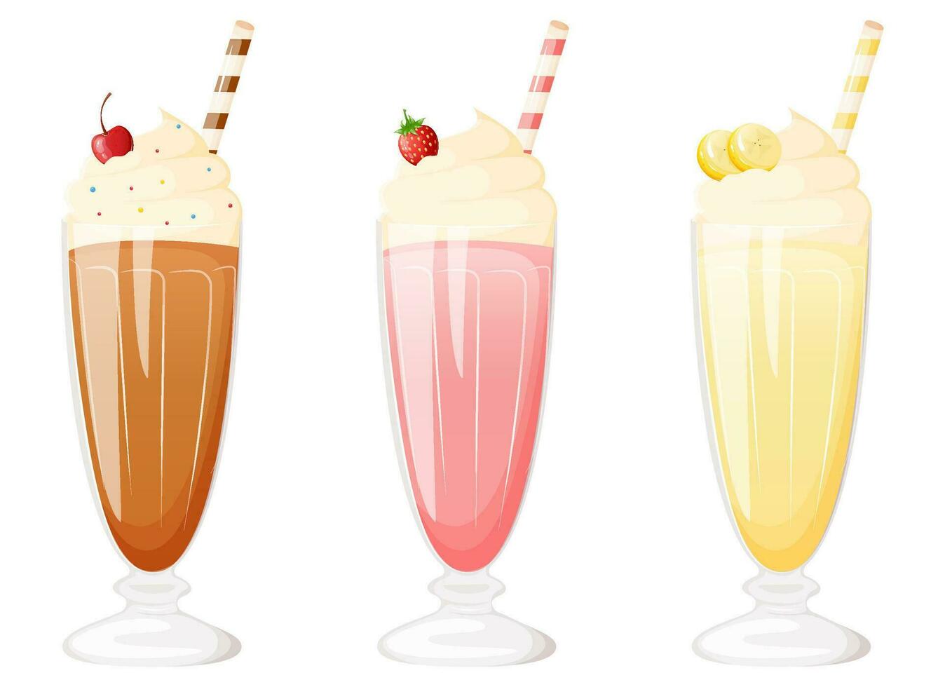 Banana , chocolate and strawberry milkshake with whipped cream in a glass cup. vector