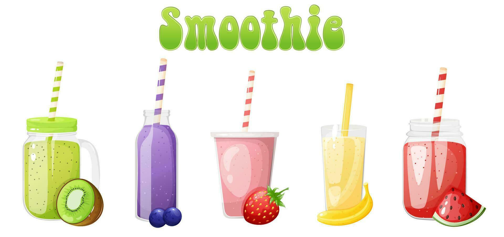 Fruits and berries smoothies set in different containers. Healthy drinks cartoon illustration. vector