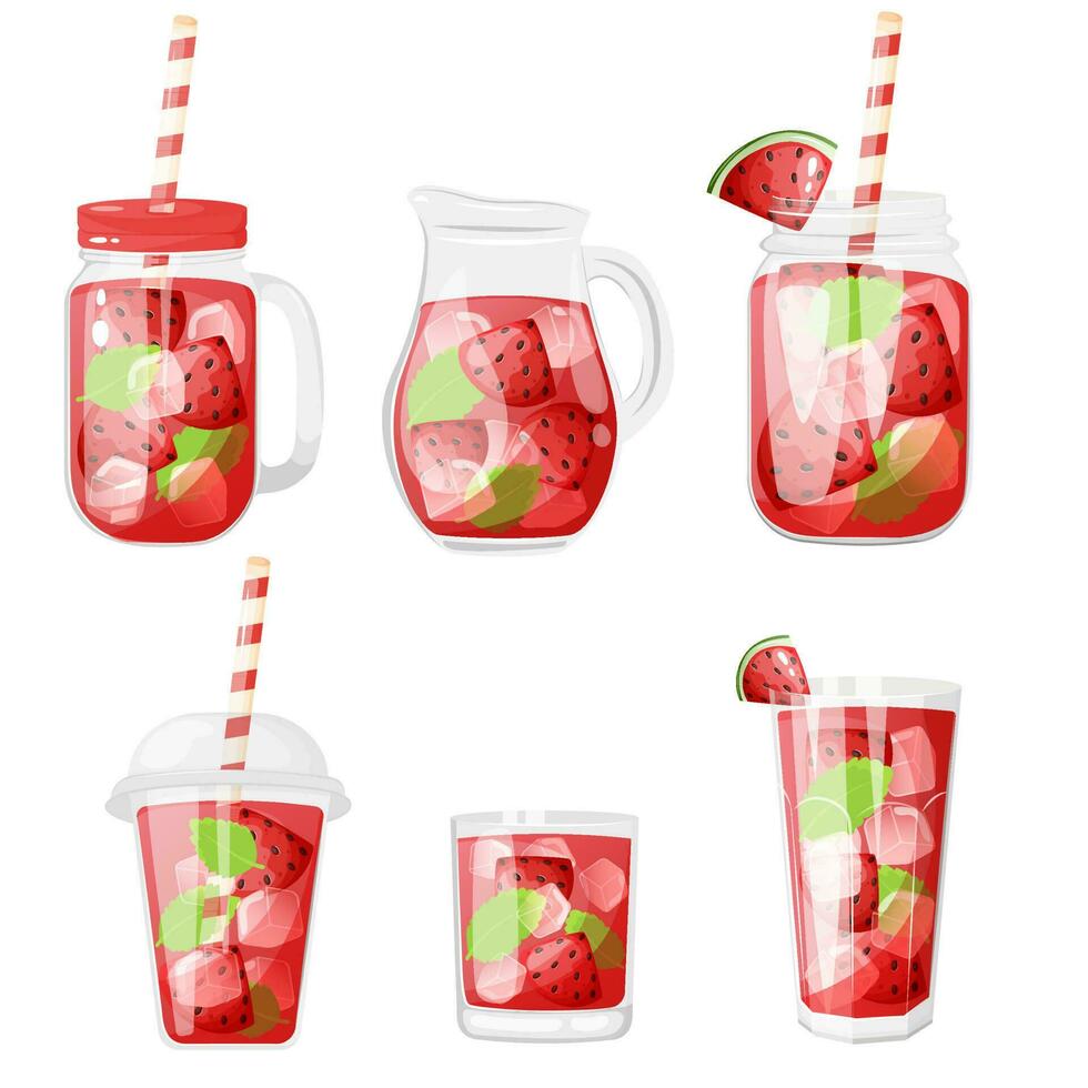 Summer soft cold drinks with watermelon in a different containers. vector