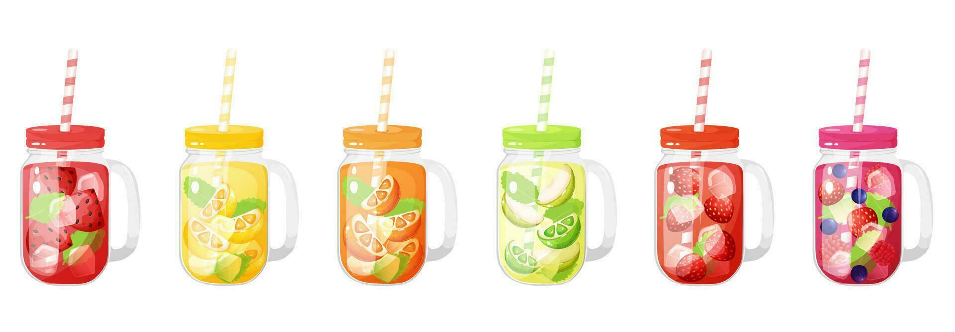 Different fruits and berries cold drinks in a glass jar with cap and straw. Soft drinks vector illustration.