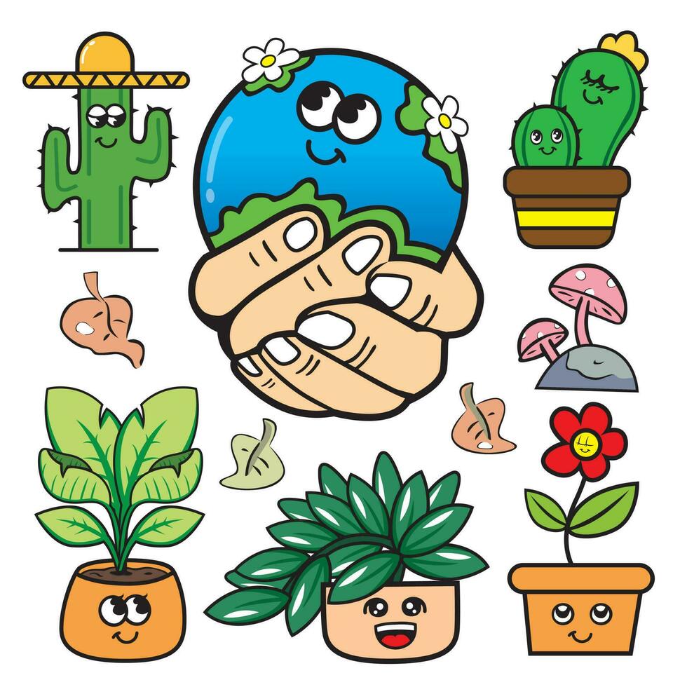 Cute cartoon earth with different plants and flowers. Vector illustration.