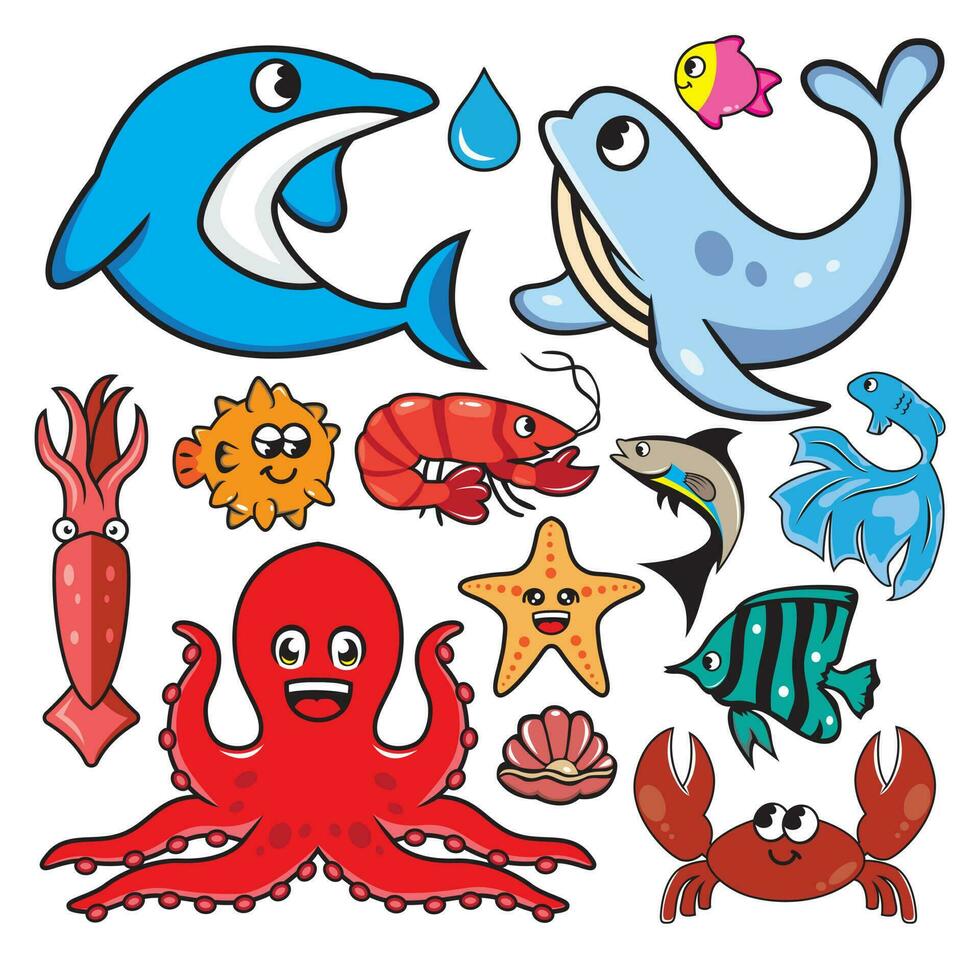 Vector set of cute cartoon sea animals. Collection of marine animals.