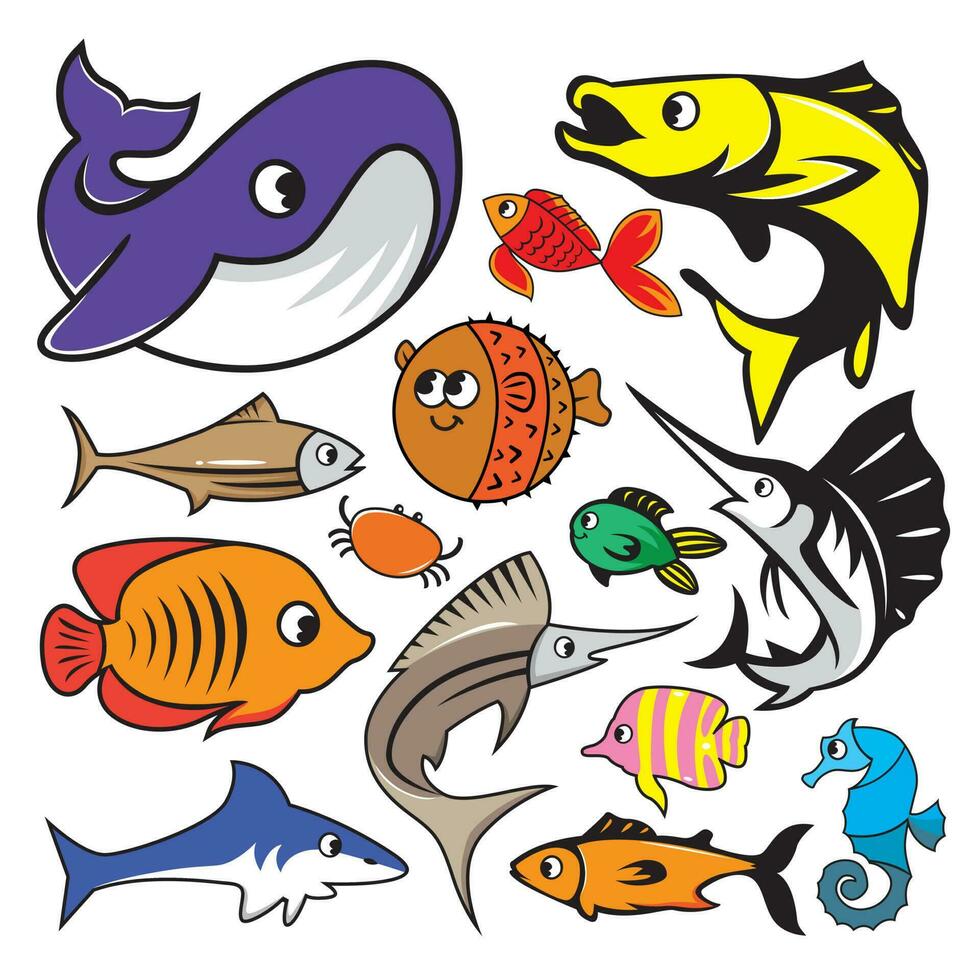 Set of cartoon fish. Vector illustration isolated on a white background.