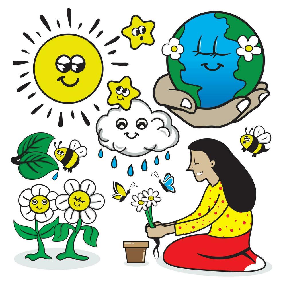 dibujos animados niña con tierra, flores, sol, nubes y abejas vector
