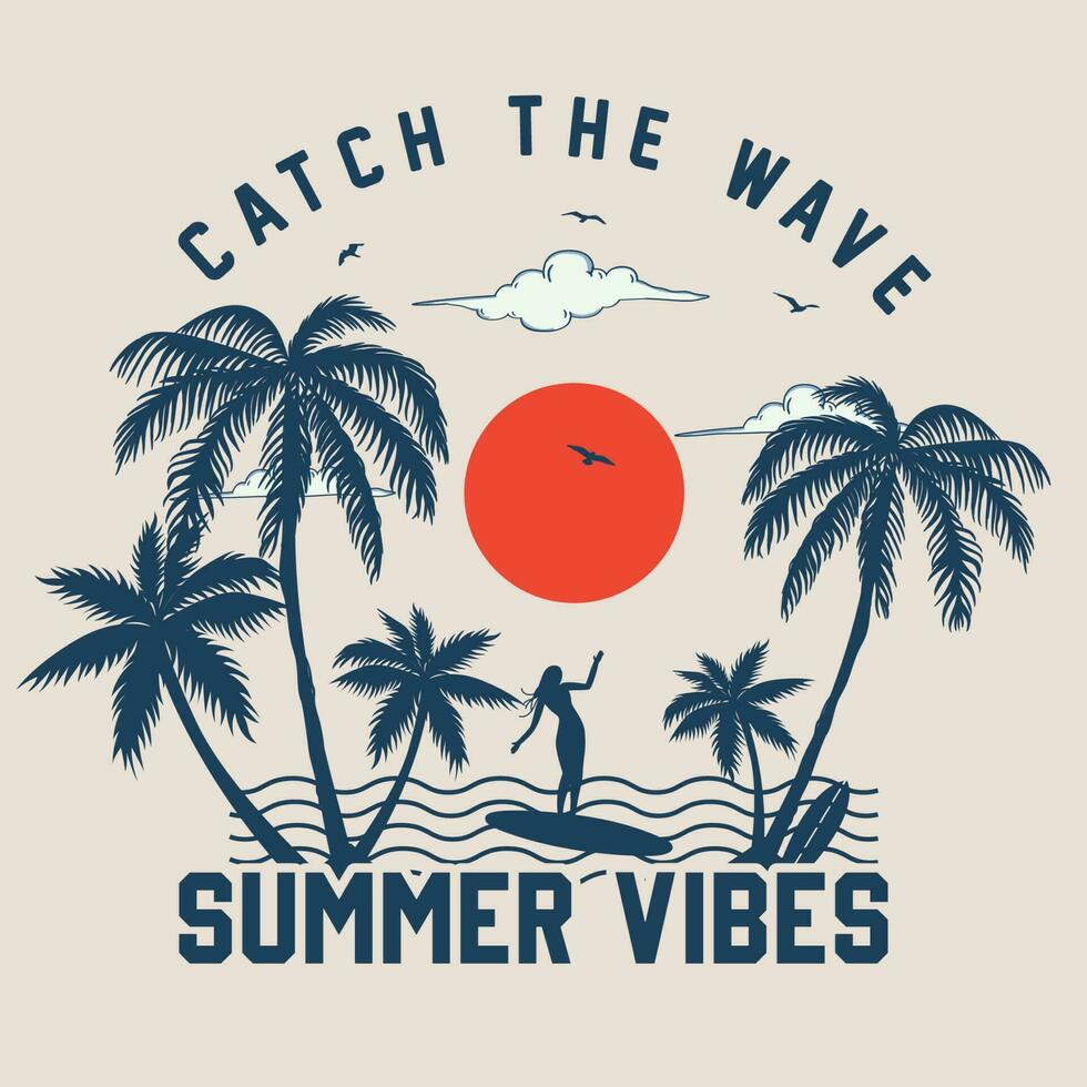 girl surfing at waves. catch the wave. summer Beach Waves with Palm trees vector illustration for t-shirt prints, posters. Summer Beach surfing Vector illustration.