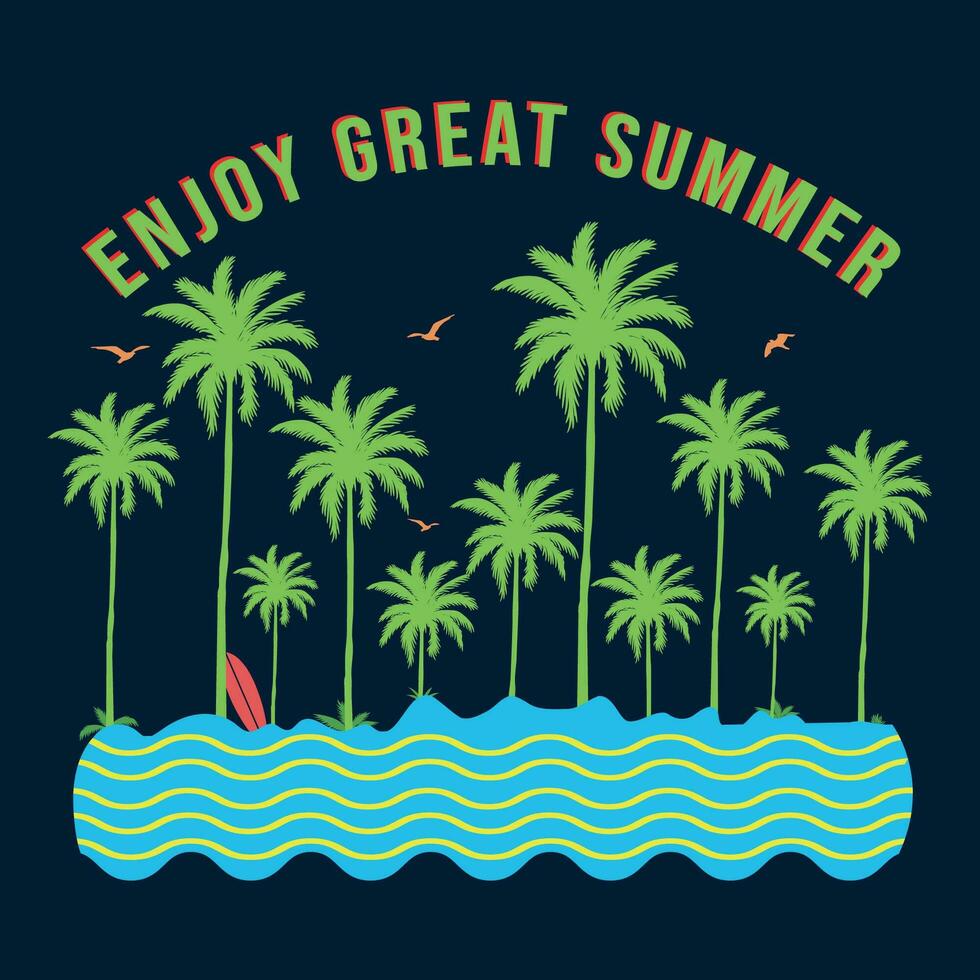 disfrutar genial verano, genial ondas, texto con un olas ilustración, para camiseta huellas dactilares, carteles verano playa vector ilustración.