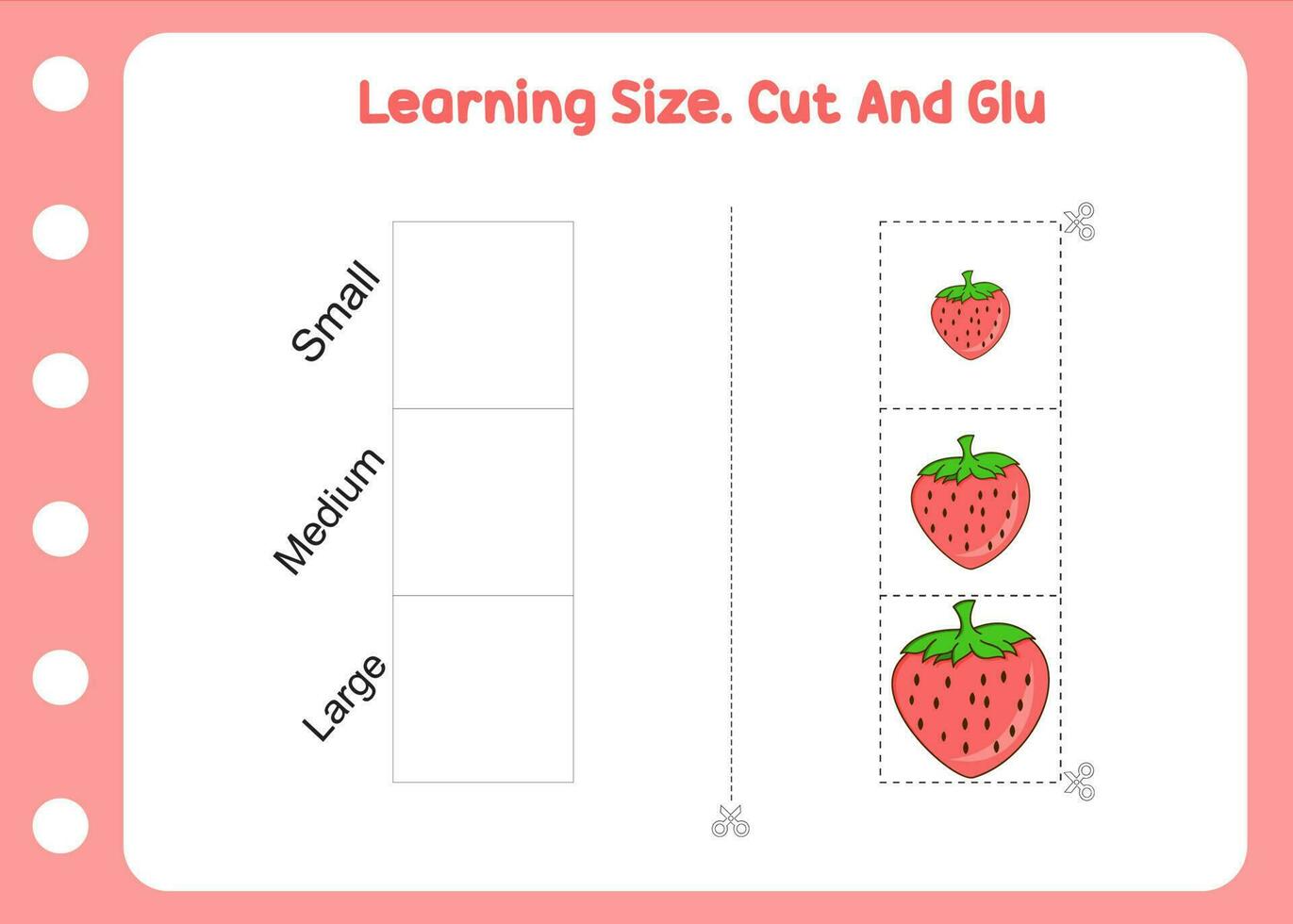 aprendizaje tamaño. cortar y pegamento el dulce fresa. vector