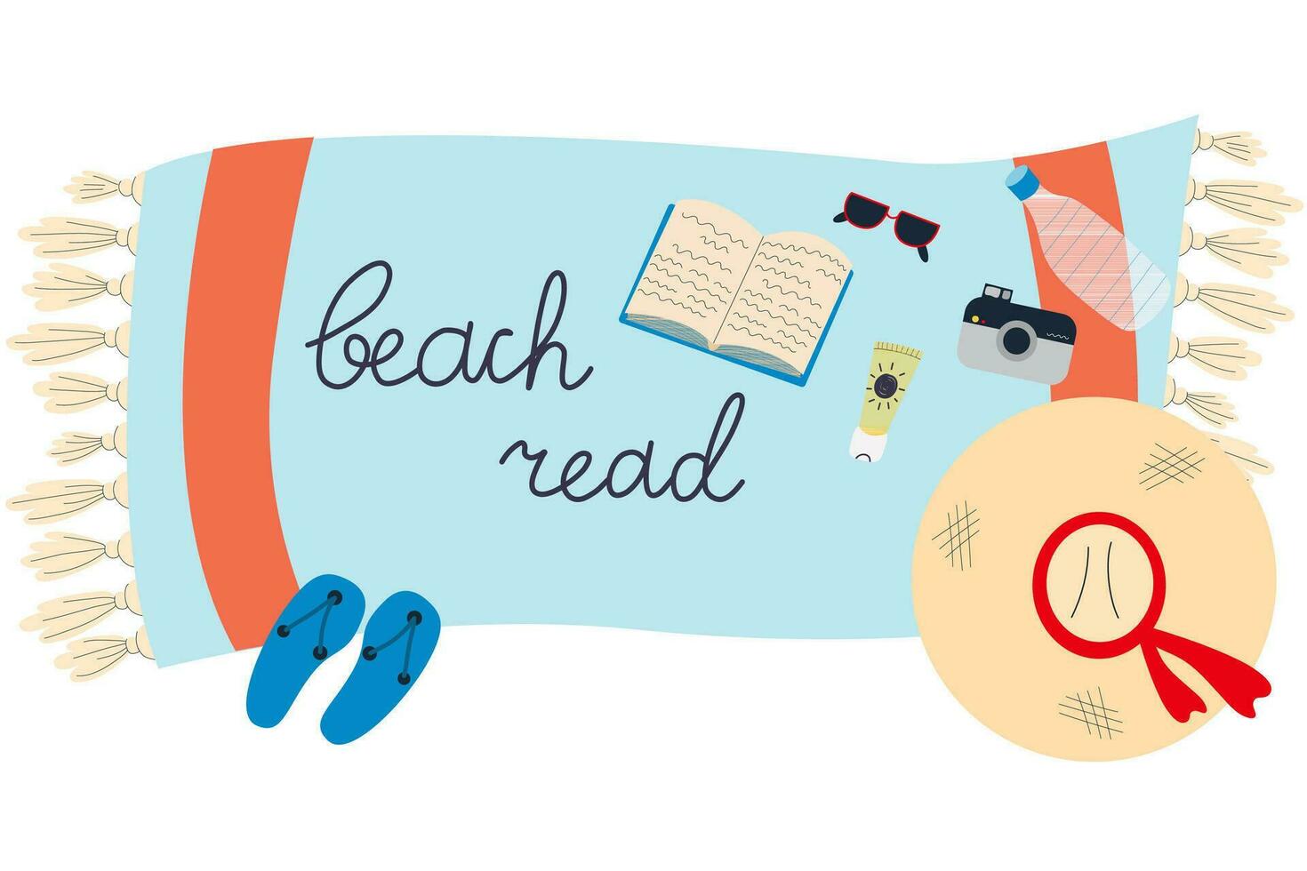 Beach towel with book, sunglasses, flip flops, hat,camera,sunscreen,bottle. Beach read. Relaxing time to reading. vector