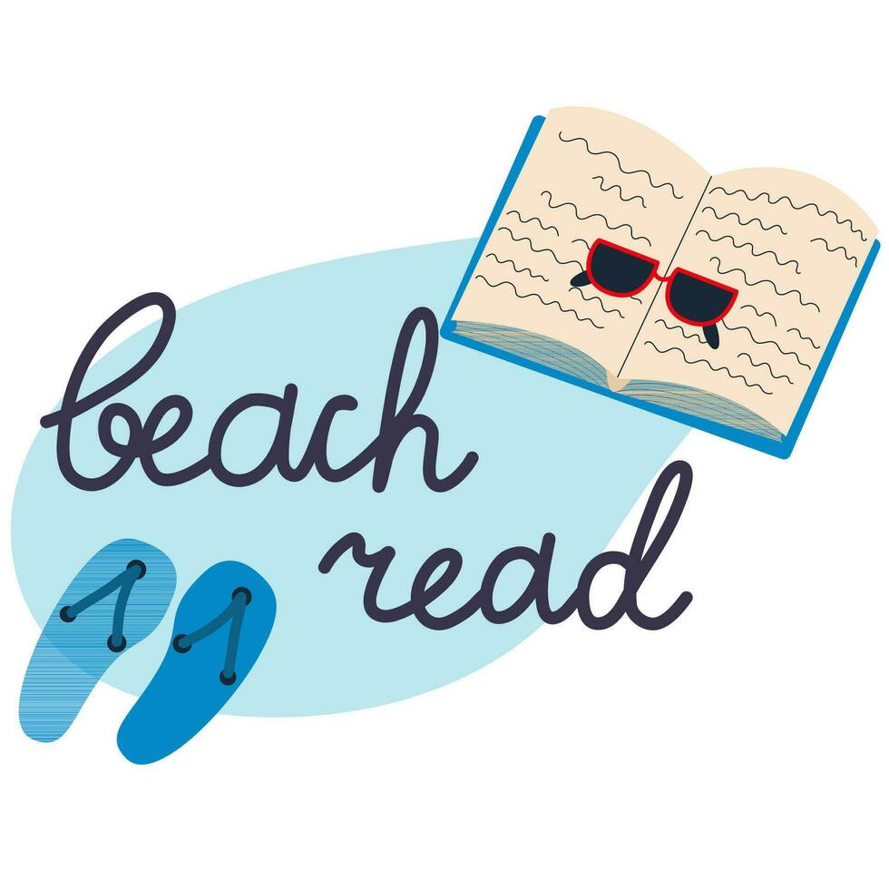 Open book with sunglasse and flip flops. Beach read. Relaxing time to reading.Read books lover. vector