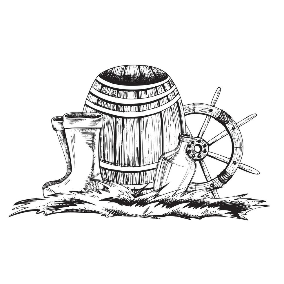 Wooden barrel with a ship's wheel, on the grass with a bottle of rum and rubber boots. EPS hand drawn black and white vector graphic illustration. Isolated composition