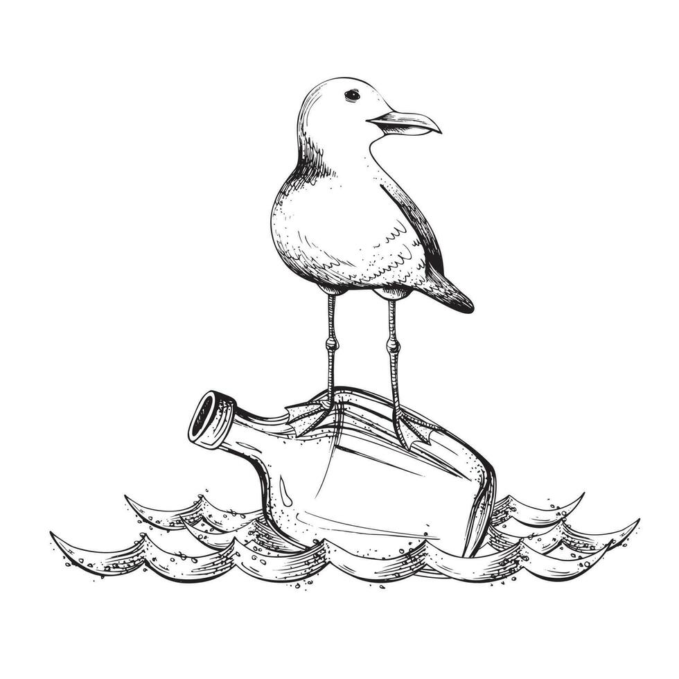 A sea gull on a bottle floats on the waves. Illustration hand-drawn in graphics. EPS vector. Isolated composition vector