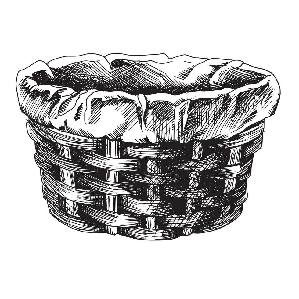 Wicker basket with fabric inside, for home decor, cosmetics, flowers. EPS hand drawn black and white vector graphic illustration. Isolated object