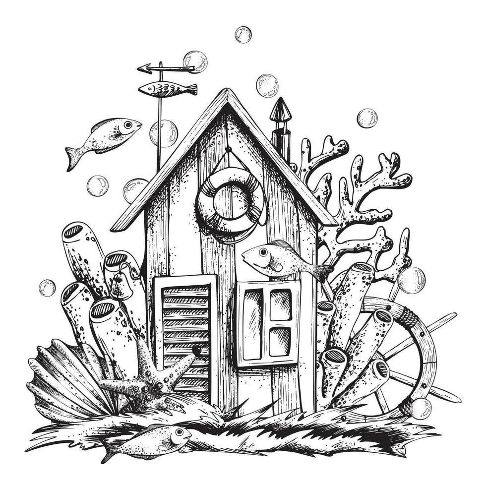 Fisherman's cabin on the grass with a ship's wheel, starfish, shells, corals, bubbles and fish. Illustration hand-drawn in graphics. EPS vector. Isolated composition vector