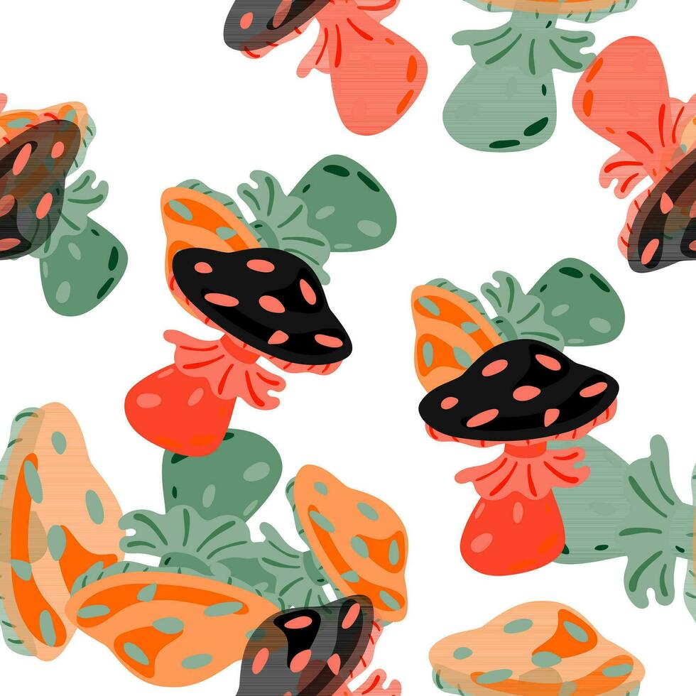 Magical magic fly agaric seamless pattern. Creative mushrooms silhouettes wallpaper. vector