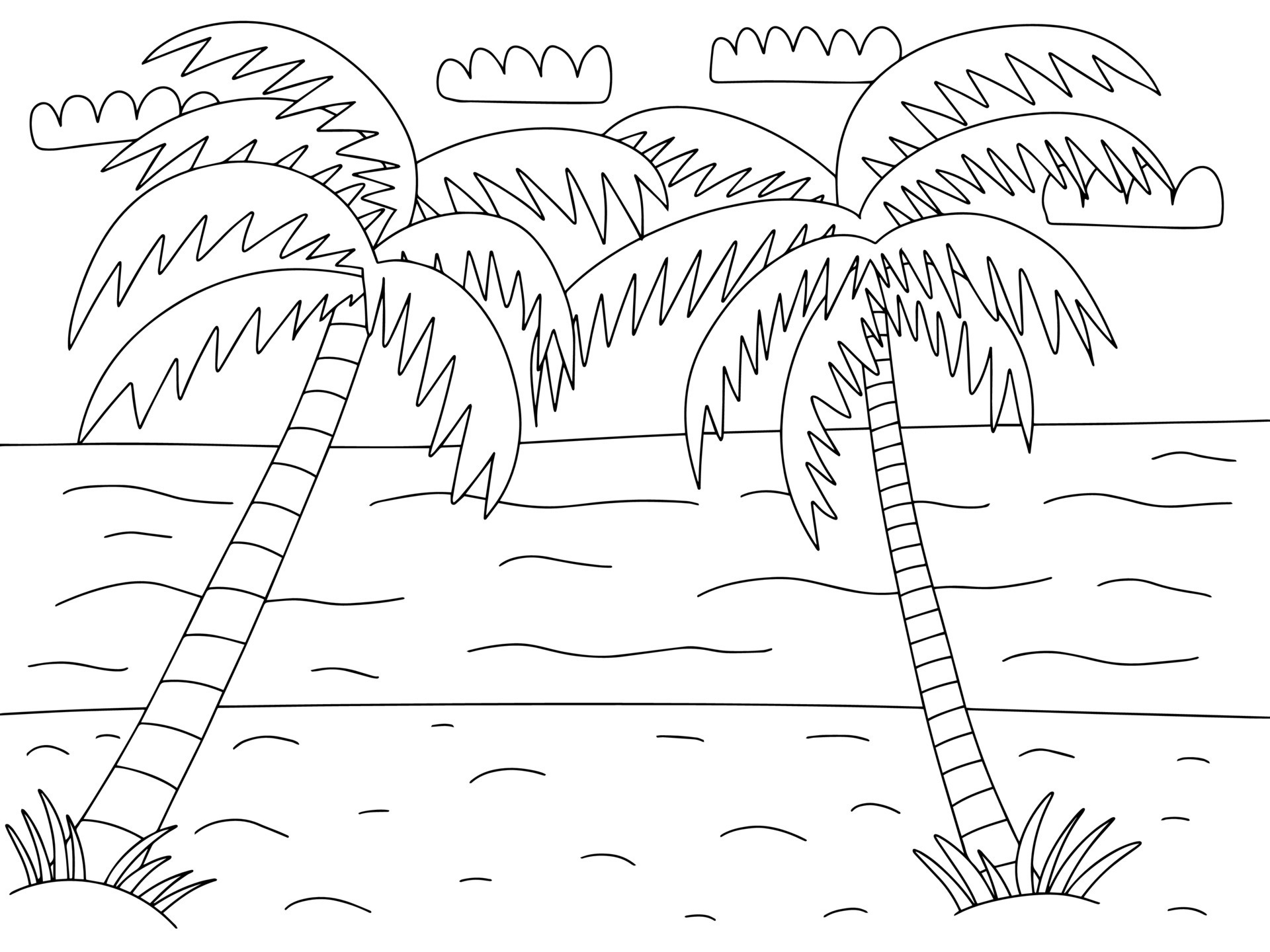 Vector beach landscape with sea and palms coloring page. Hand drawn