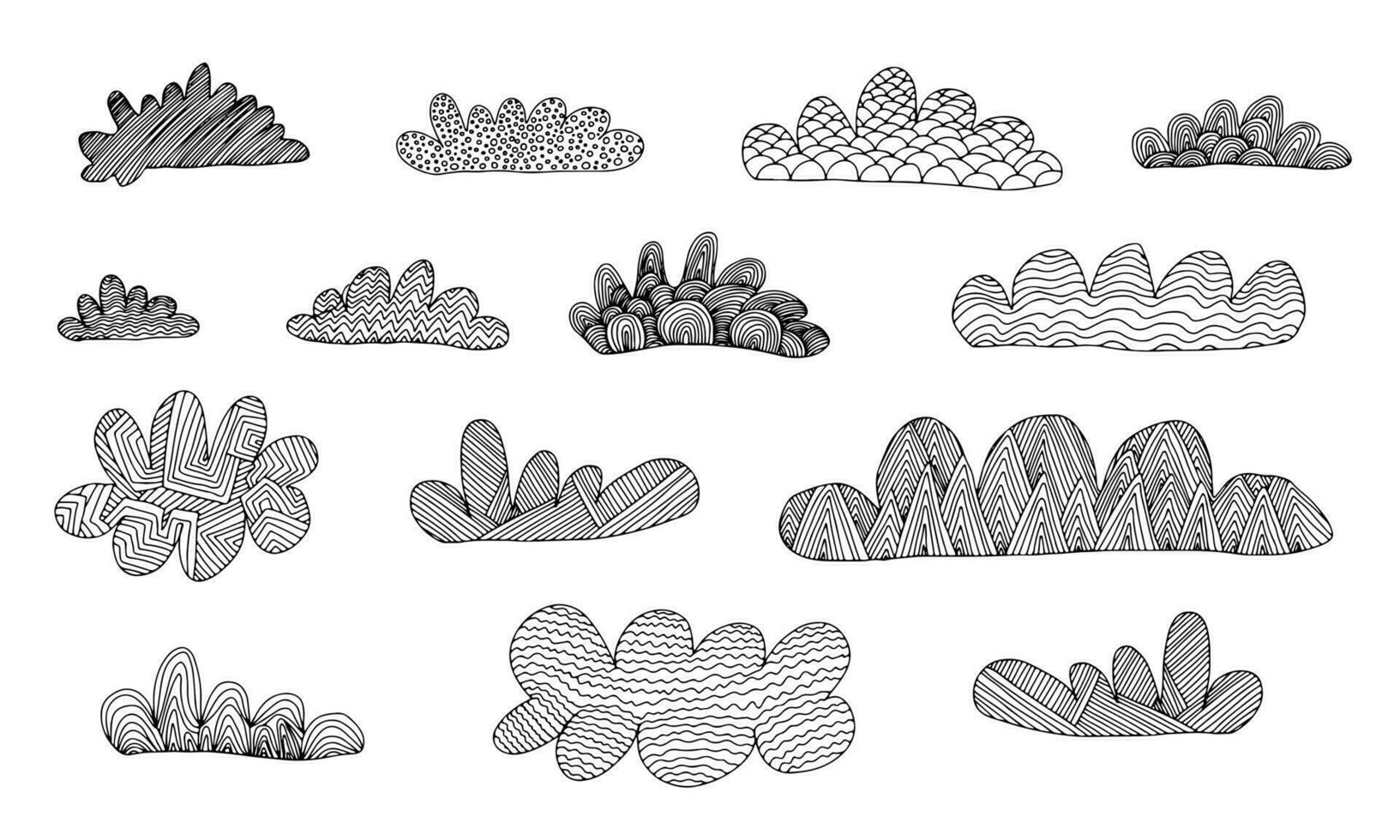 vector garabatear nubes colocar. mano dibujado linda dibujos animados nubes conjunto