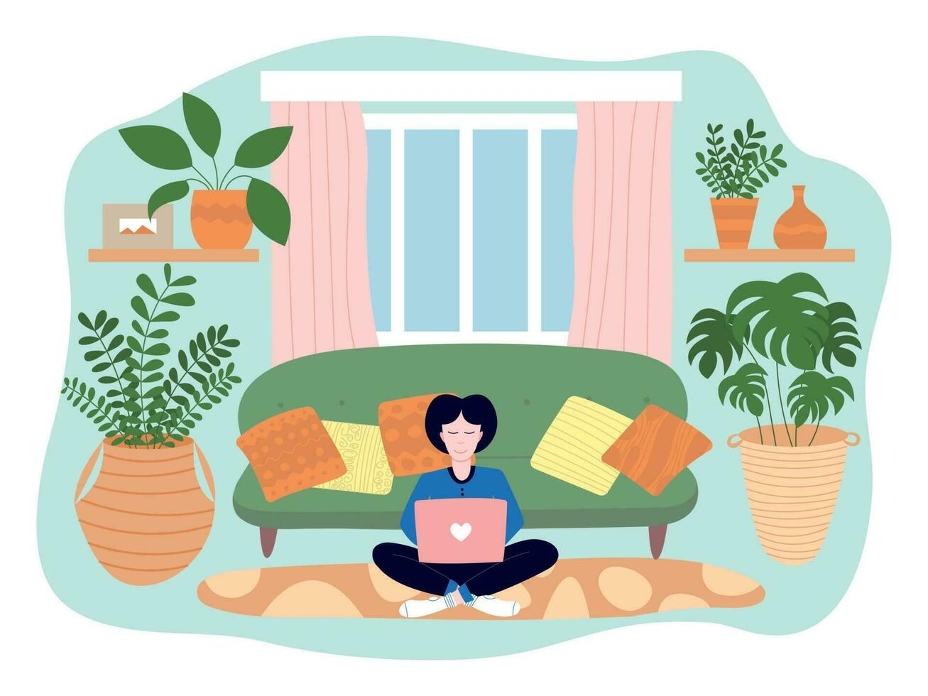 Woman with laptop sitting in living room vector illustration. Flat style vector illustration with woman working at home