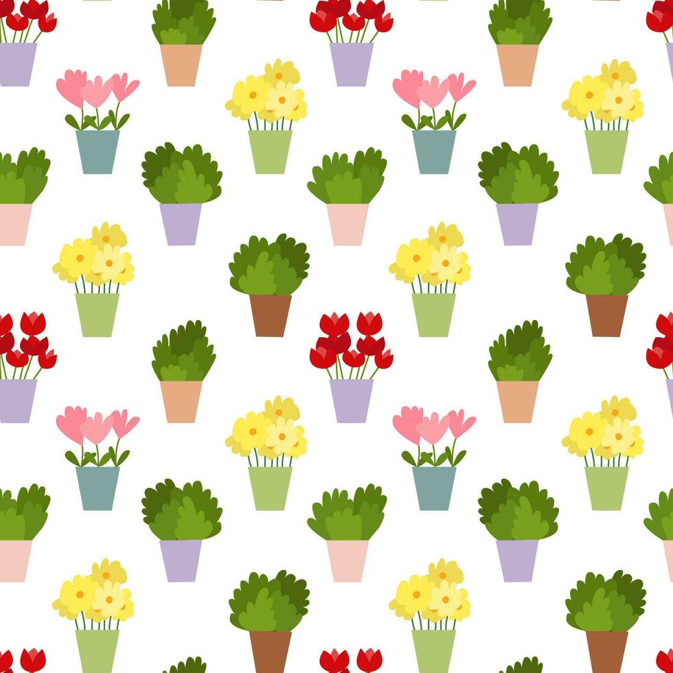 Vector house plants seamless pattern. Different flowers and plants in pot pattern