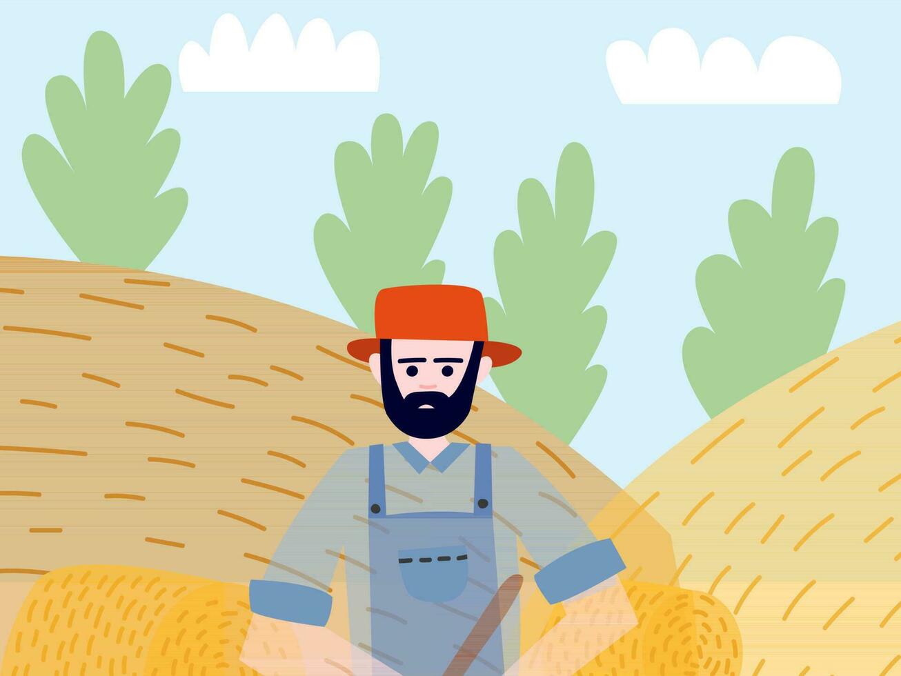 Vector farmer in uniform  collecting hay on autumn fields landscape. Flat style hay making concept vector illustration