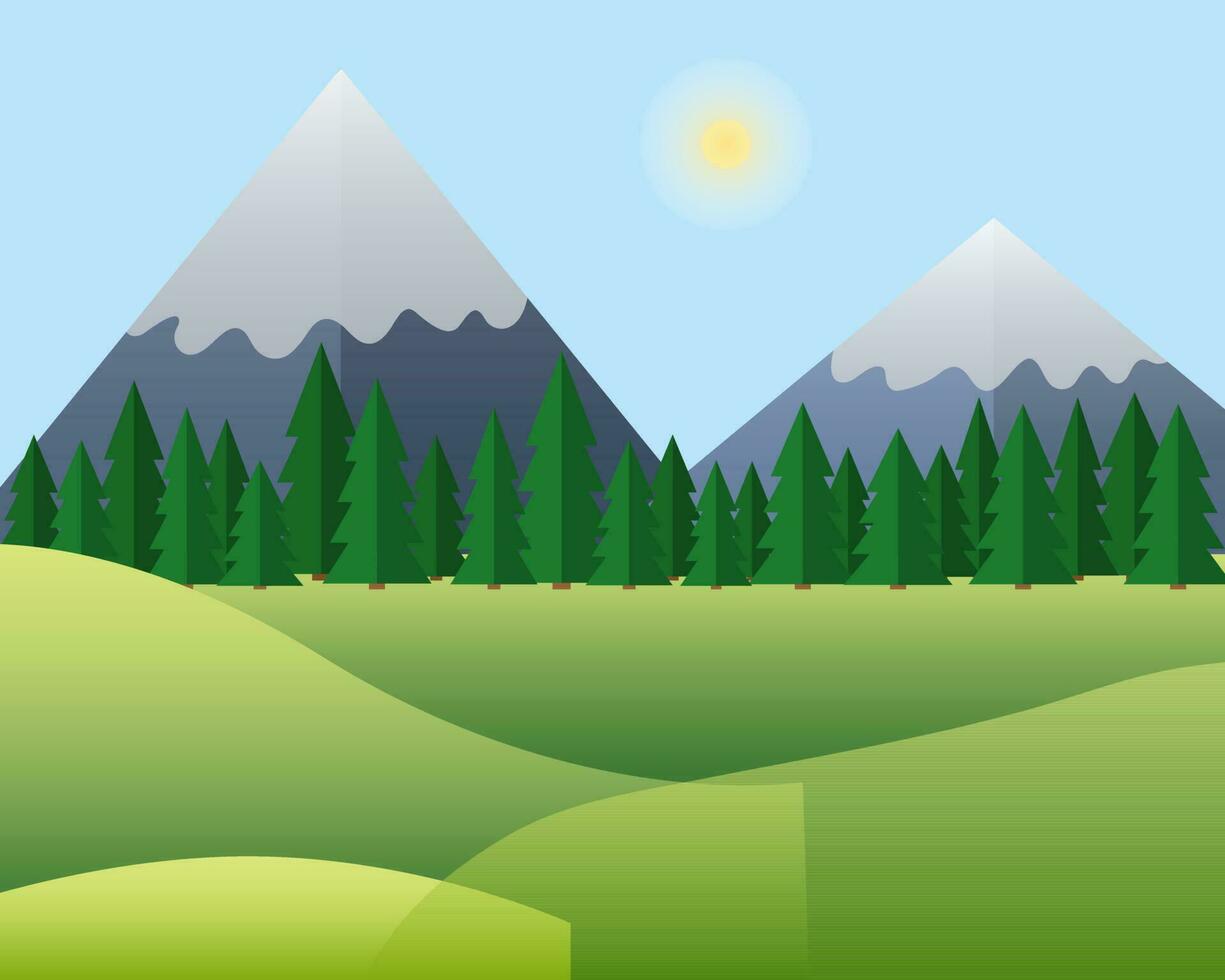Vector summer mountains landscape in flat style. Flat hills and mountain woods vector illustration