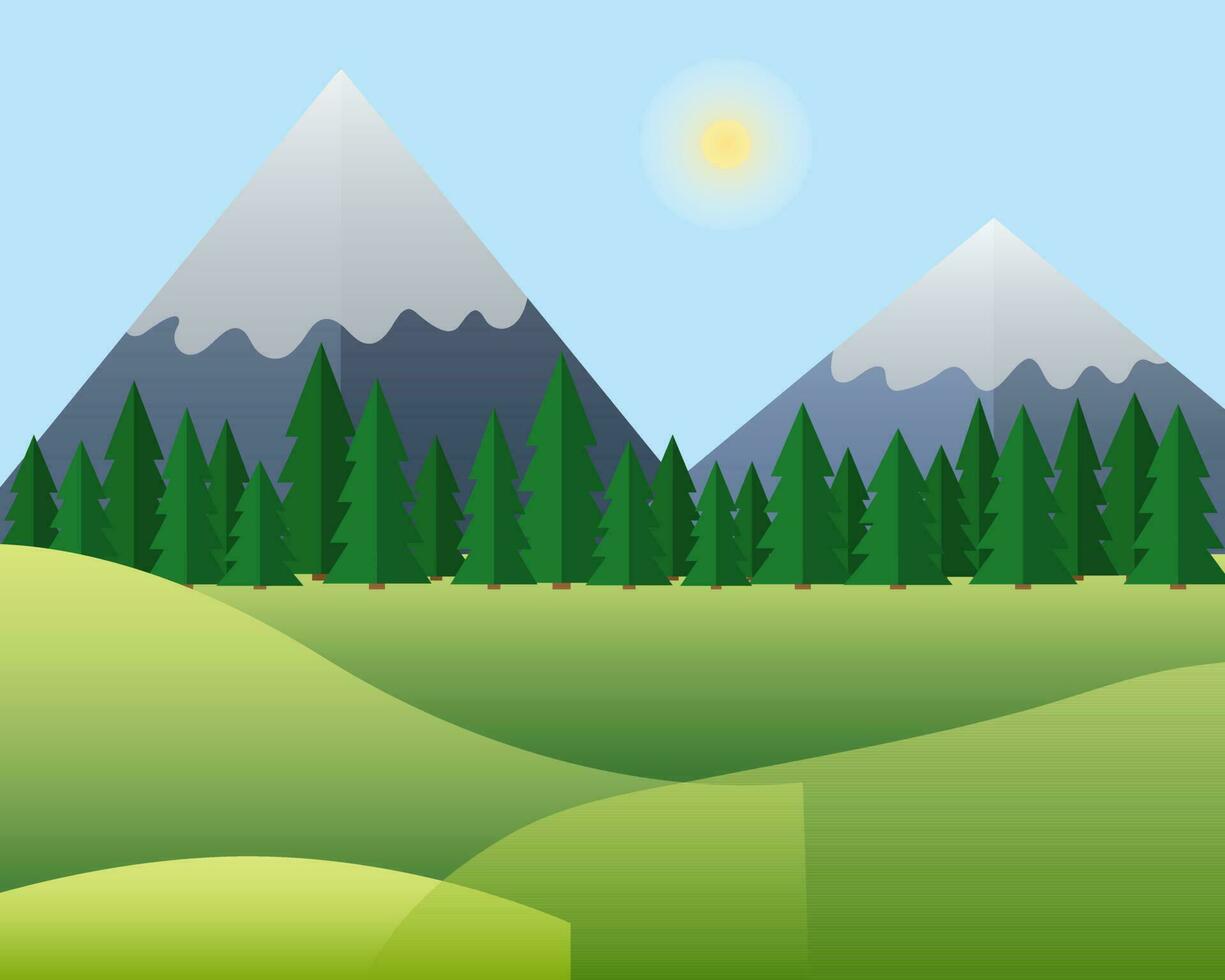 vector verano montañas paisaje en plano estilo. plano colinas y montaña bosque vector ilustración