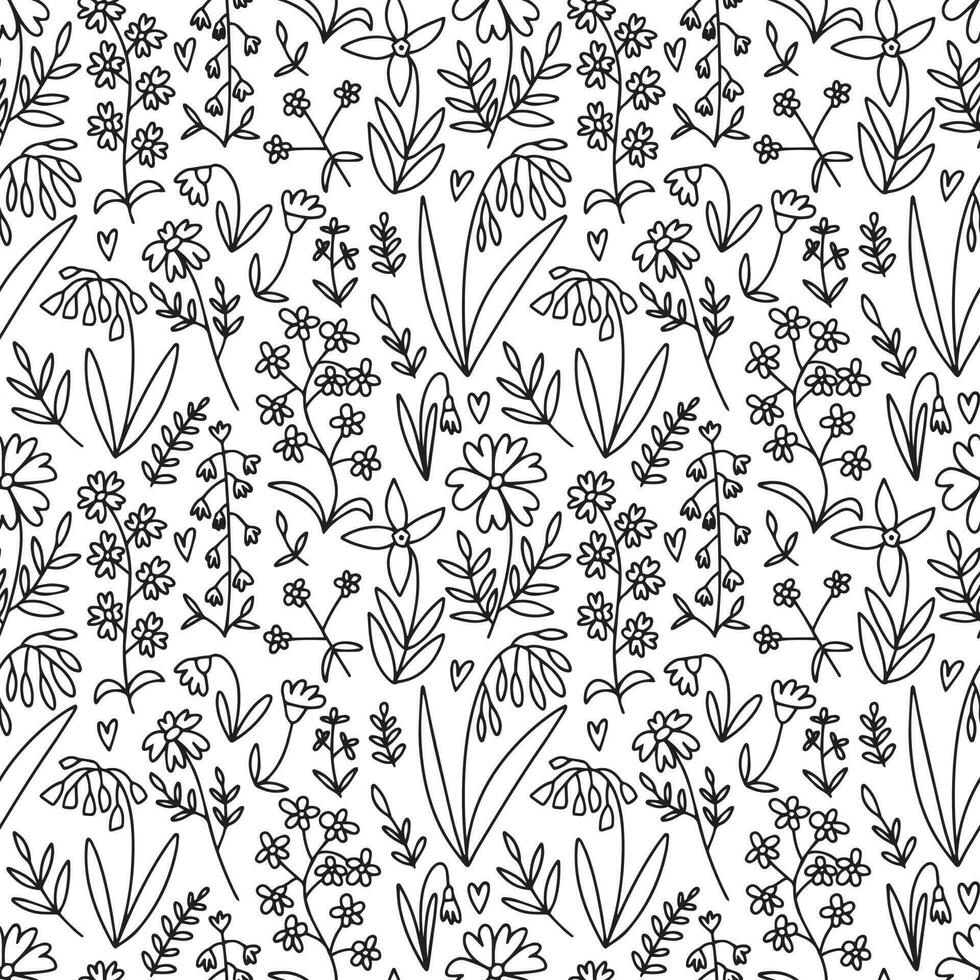 Doodle summer flowers seamless pattern. Vector mille fleur pattern on white background.