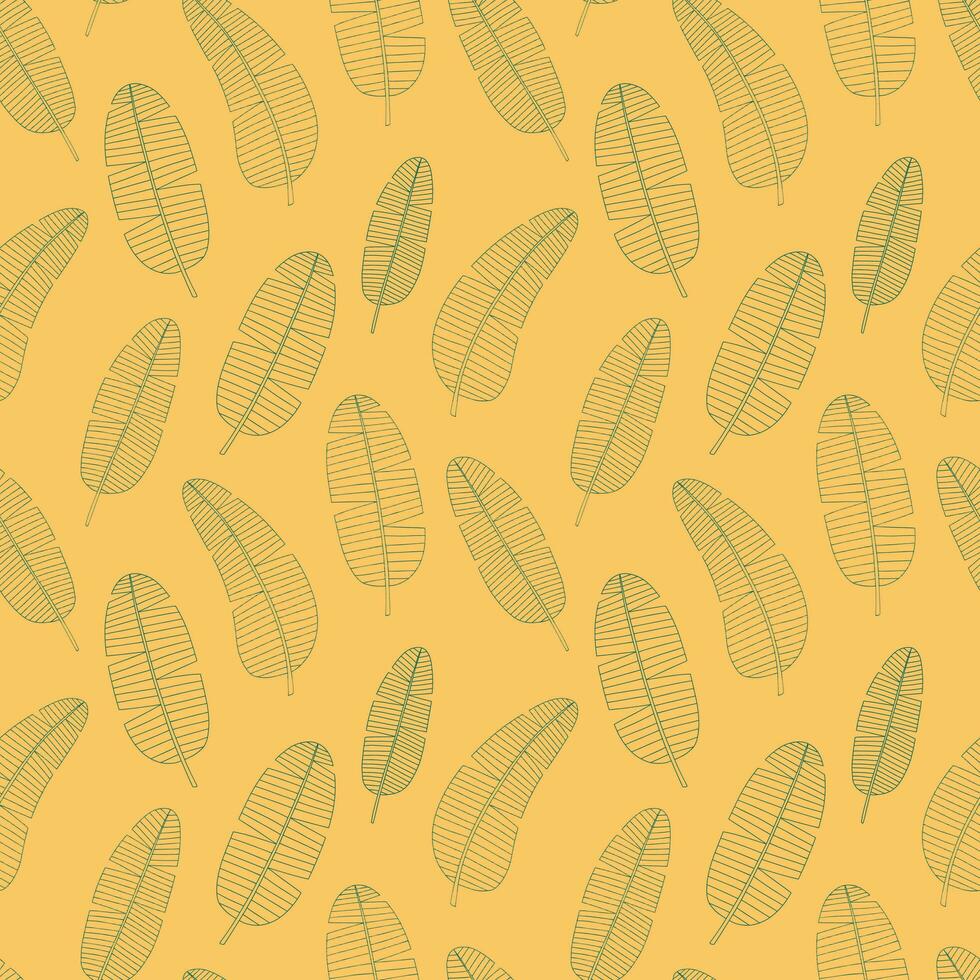 Vector banana leaves  pattern on orange background. Hand drawn banana leaf seamless pattern
