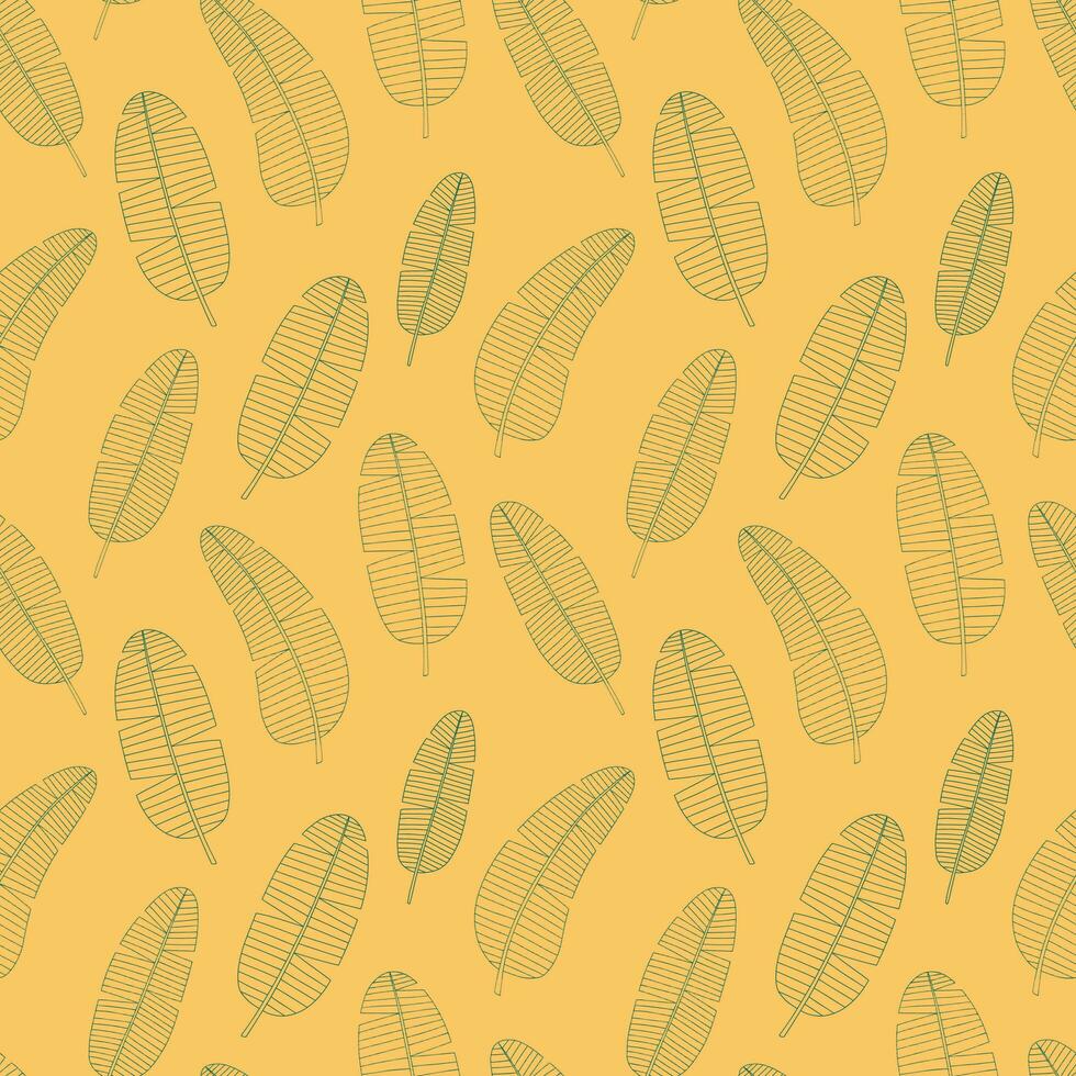 Vector banana leaves  pattern on orange background. Hand drawn banana leaf seamless pattern