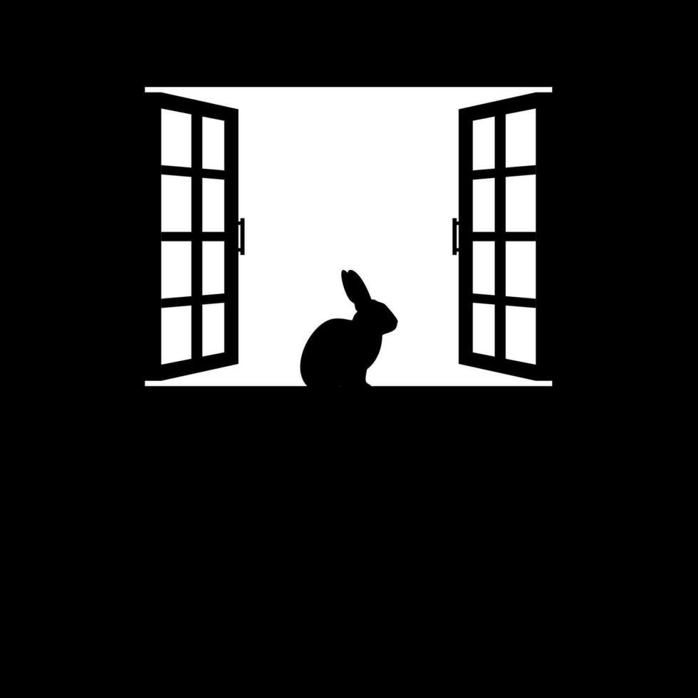 Rabbit or Bunny on the Window Silhouette, for Background, Poster Art Illustration, or Graphic Design Element. Vector Illustration