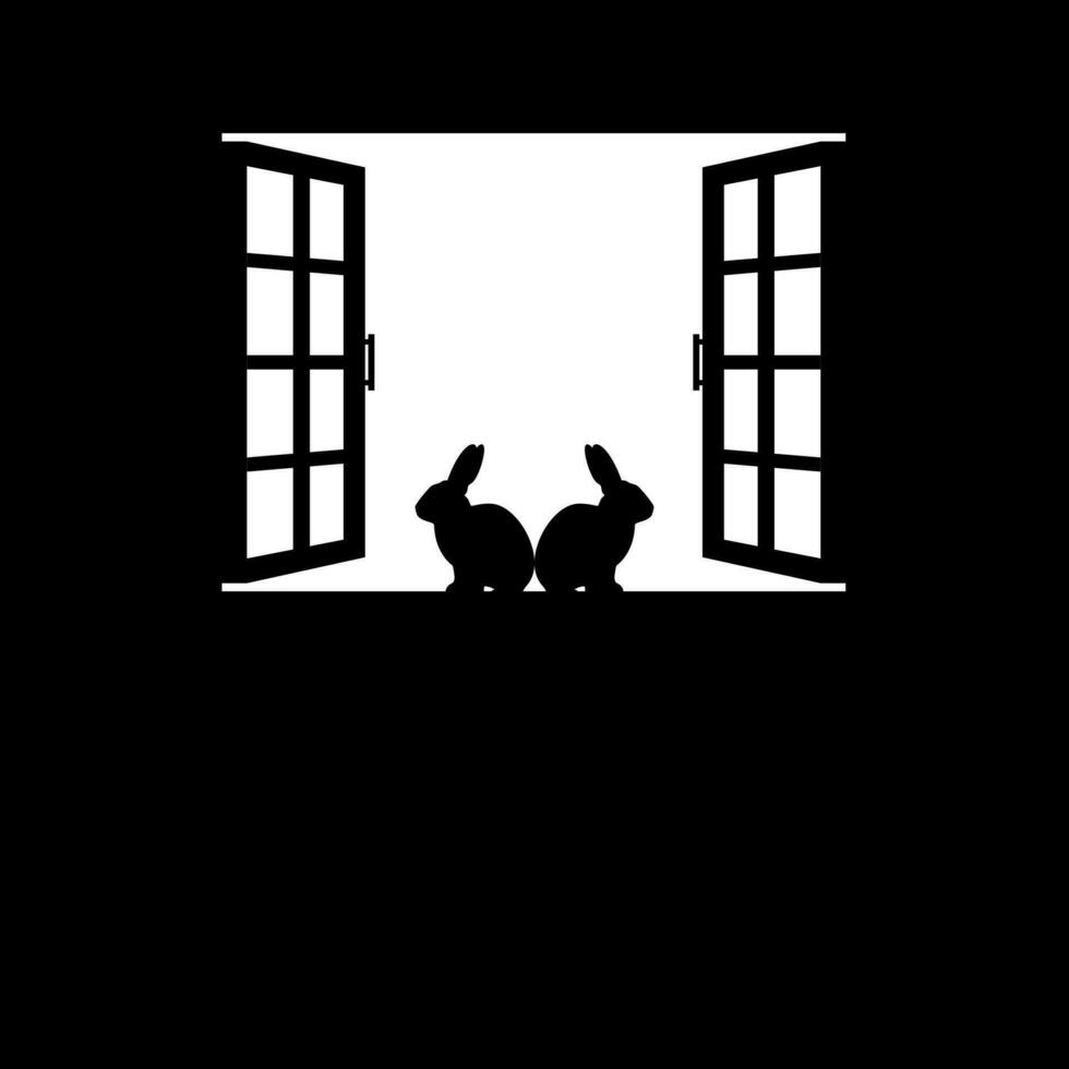 Pair of the Rabbit or Bunny on the Window Silhouette, for Background, Poster Art Illustration, or Graphic Design Element. Vector Illustration