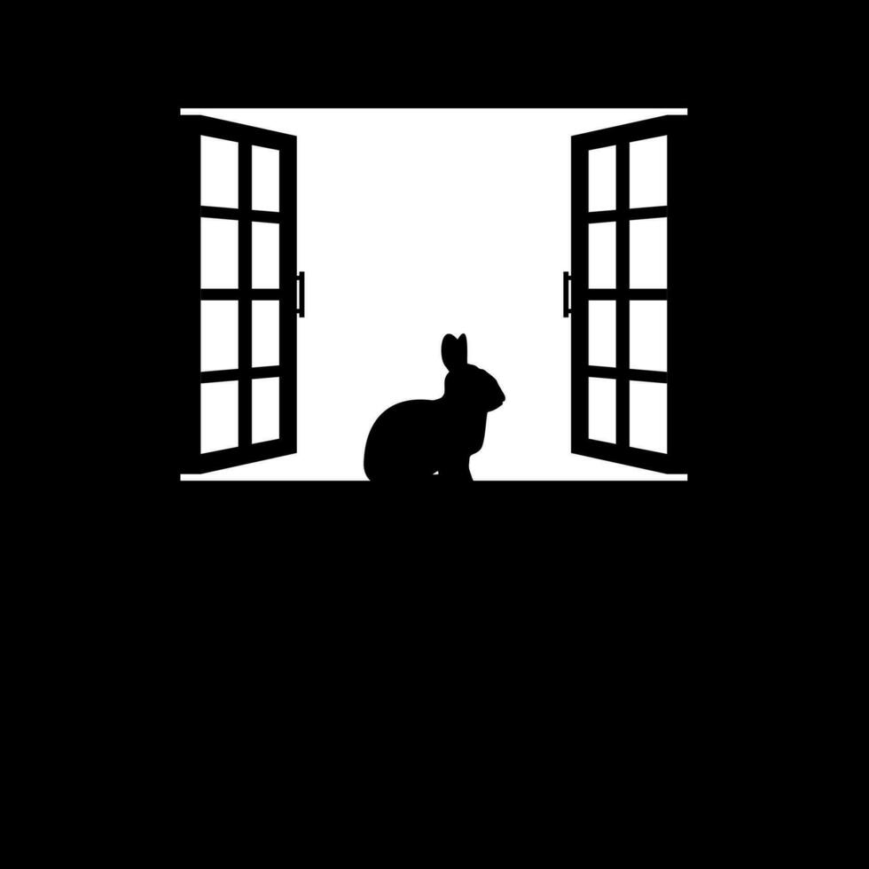 Rabbit or Bunny on the Window Silhouette, for Background, Poster Art Illustration, or Graphic Design Element. Vector Illustration