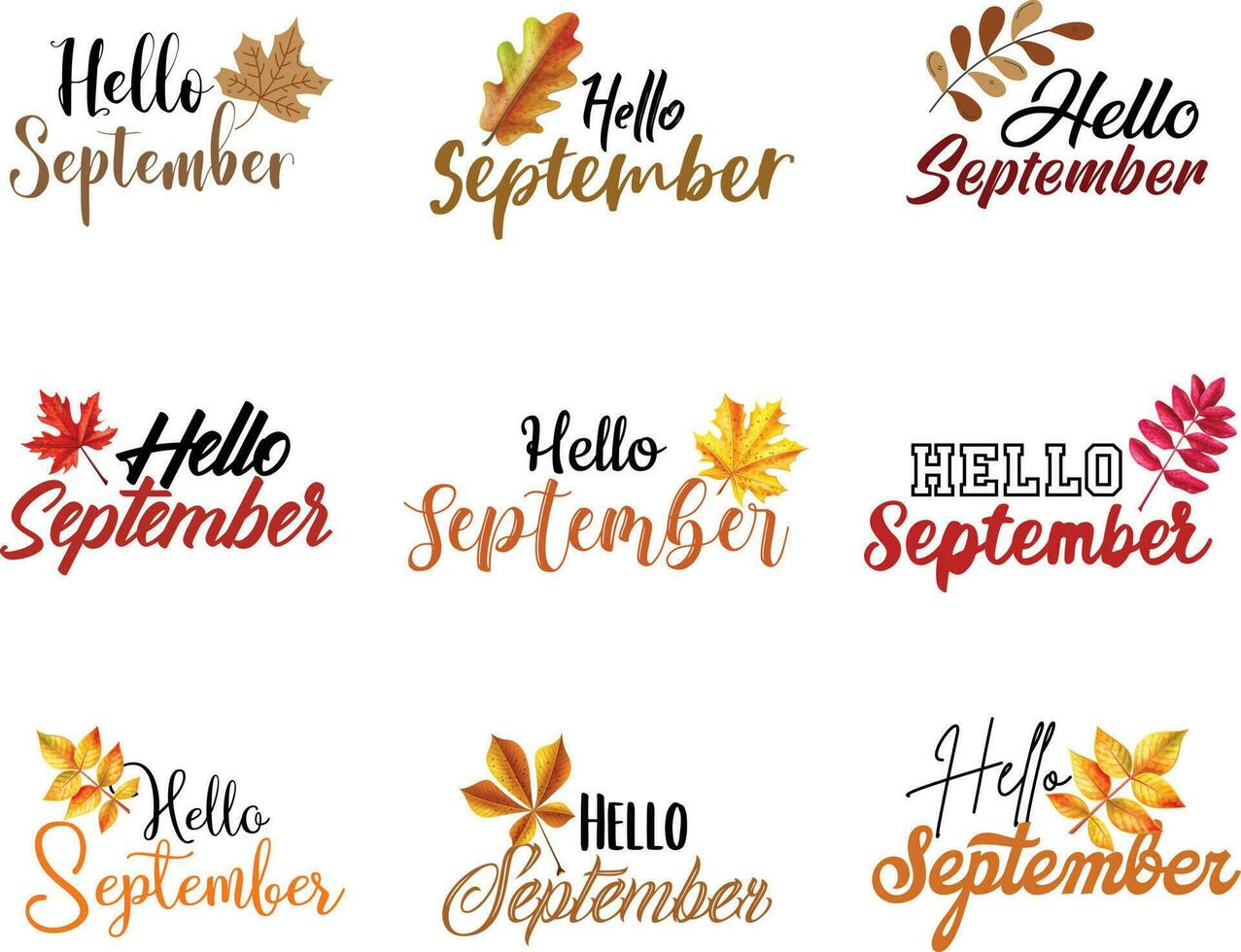 Hola septiembre hermosa tipografía Arte con otoño hojas, vector