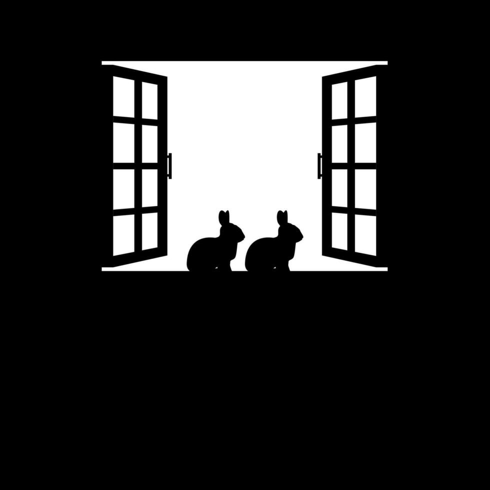 Pair of the Rabbit or Bunny on the Window Silhouette, for Background, Poster Art Illustration, or Graphic Design Element. Vector Illustration