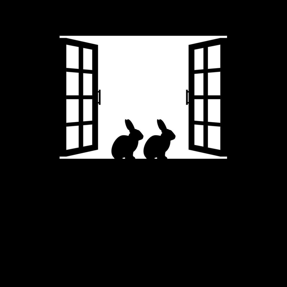 Pair of the Rabbit or Bunny on the Window Silhouette, for Background, Poster Art Illustration, or Graphic Design Element. Vector Illustration