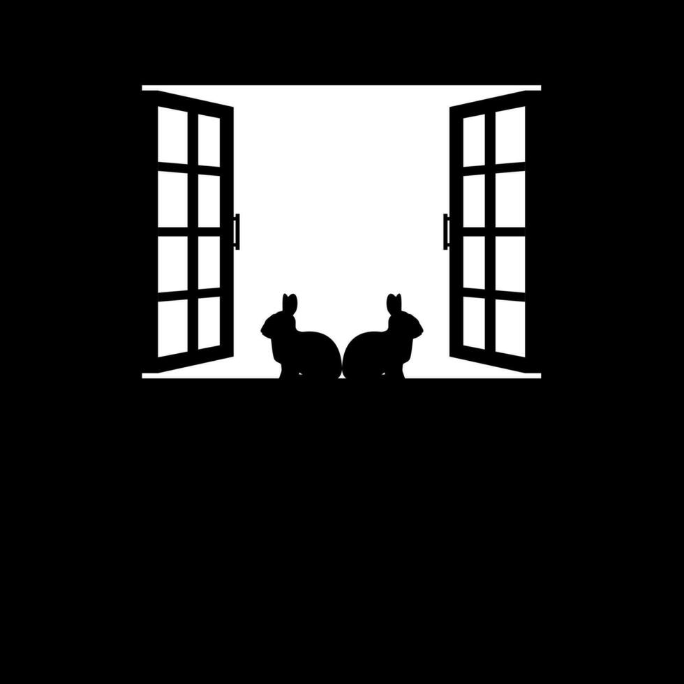Pair of the Rabbit or Bunny on the Window Silhouette, for Background, Poster Art Illustration, or Graphic Design Element. Vector Illustration